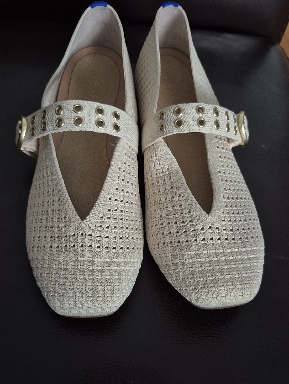 Rothy's Cream Knit Mary Jane Flats with Gold Buckle